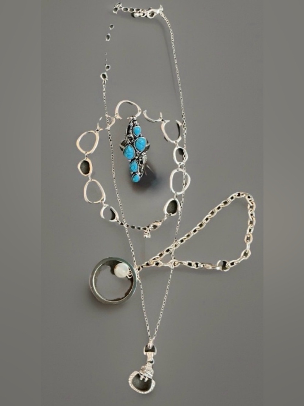 Horseshoe Shape Necklace Two Bracelet One Link One Chain Turq Color Ring Size 7